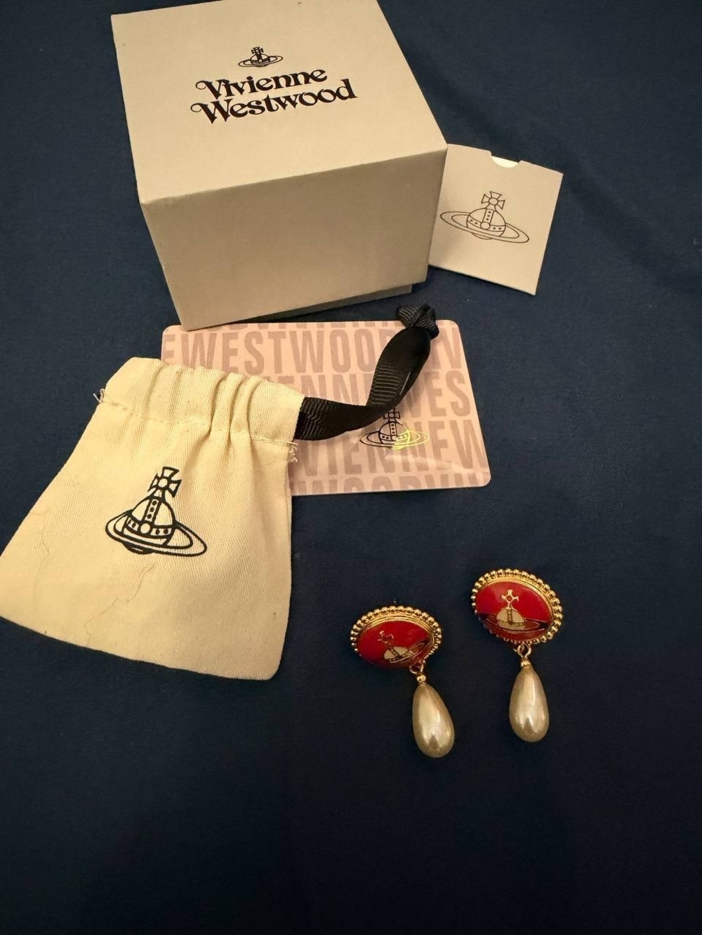 Vivienne Westwood red and gold pearl drop enamel earrings